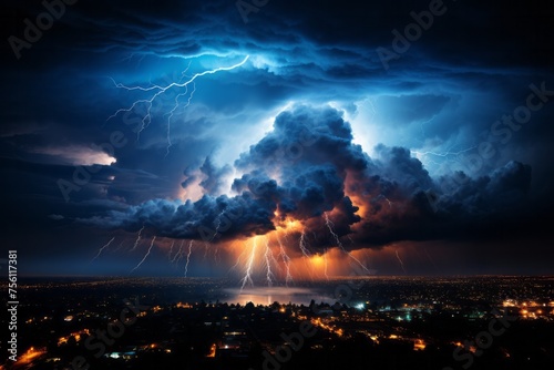 Lightning strikes illuminate the night sky over the city during a thunderstorm