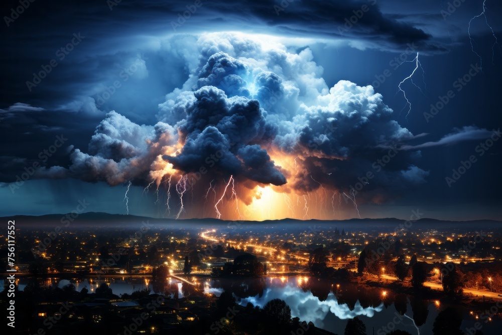 Menacing cumulus cloud with lightning looming over cityscape at night