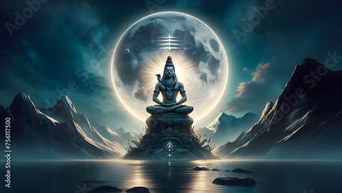 a buddha statue sitting on a rock with the moon in the background, lord shiva photo