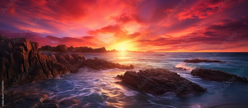 A picturesque natural landscape with a sunset over the ocean, rocks in the foreground, reflecting the vibrant hues of the sky and water