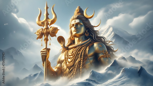 a close up of a golden trident on a snowy mountain, god shiva the destroyer photo