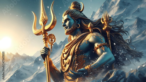 a close up of a golden trident on a snowy mountain  god shiva the destroyer