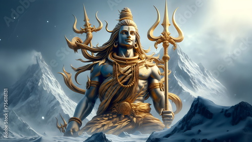 a close up of a golden trident on a snowy mountain, god shiva the destroyer photo