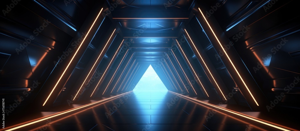 Triangular tunnel, futuristic digital concept. Computerized .