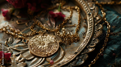 A closeup of a shiny gold necklace intricately designed with symbols of motherhood displayed on a velvetlined tray ready to be gifted to a treasured mother figure.