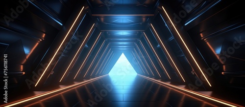 Triangular tunnel, futuristic digital concept. Computerized .