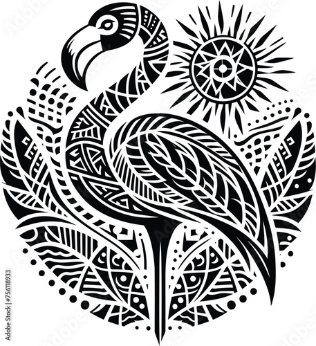 flamingo bird, animal silhouette in ethnic tribal tattoo,