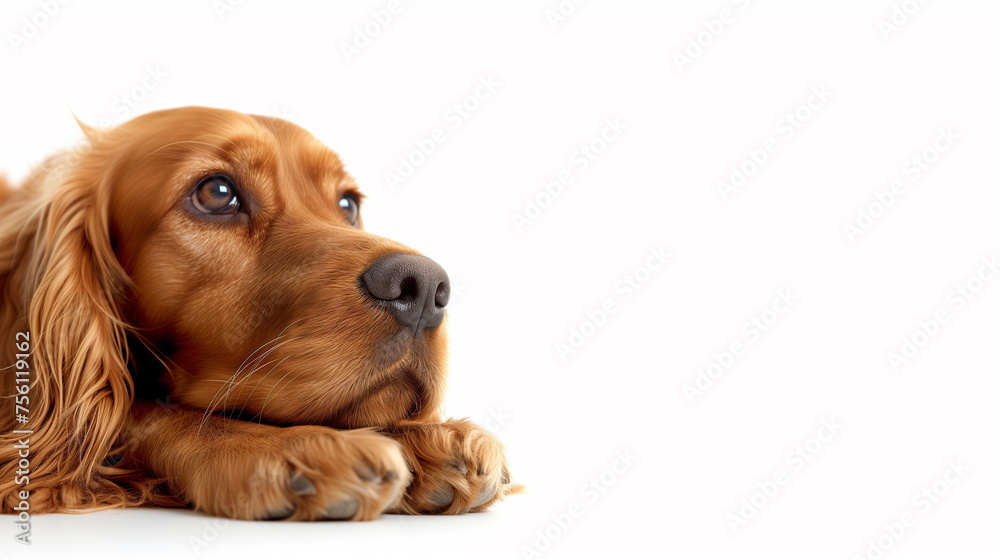 Close up of the side of the face of a brown English Cocker Spaniel dog lying down in a studio on a white background. Pet advertising concept. Copy space. Generating AI