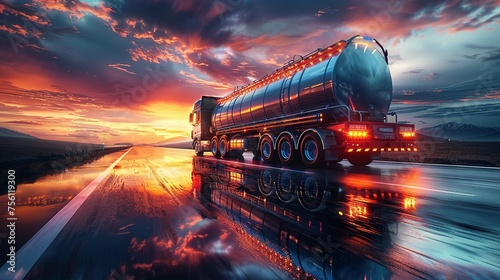 Rear view of big metal fuel tanker truck in motion shipping fuel to oil refinery against sunset sky