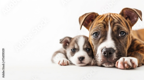 Two brown Staffordshire terrier dogs lying face down on the floor. White studio background. Mother dog and baby puppy. Pet advertising concept. Copy space. Generative AI