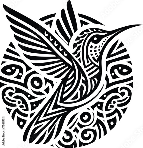 hummingbird, animal silhouette in ethnic tribal tattoo,

