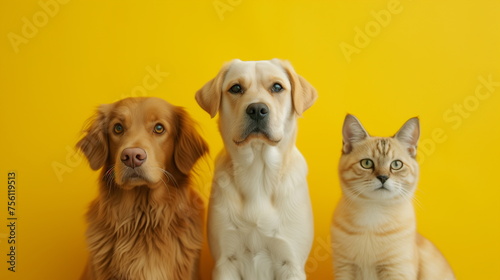 Two dogs and a cat sit looking at the camera in a studio with a yellow background. Spring-themed pet advertising concept. Generative AI