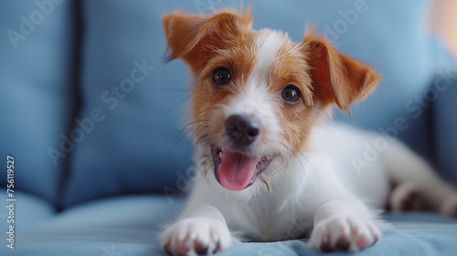A Jack Russell Terrier puppy lying down on a blue sofa looks at the camera, smiling brightly with its tongue visible. Face close-up. Pet advertising. Generative AI