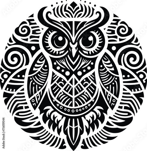 owl bird, animal silhouette in ethnic tribal tattoo,

