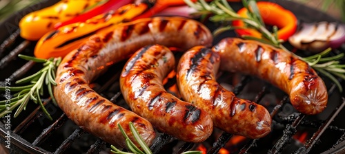 Perfectly grilled sausages and delicious ingredients on clean table, realistic style barbecue dinner photo