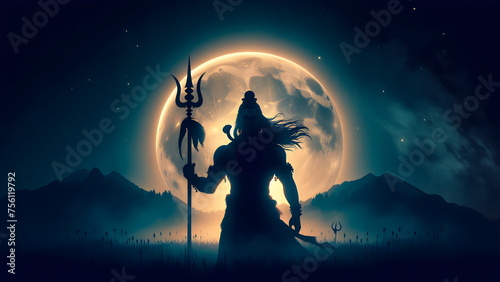 a silhouette of lord shiva with a spear standing in front of a full moon photo