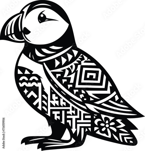 puffin bird, animal silhouette in ethnic tribal tattoo,

