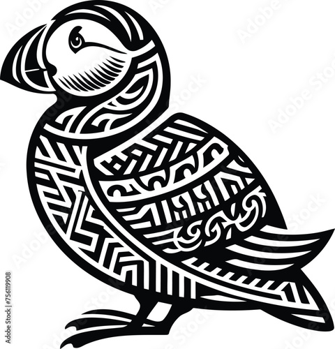 puffin bird, animal silhouette in ethnic tribal tattoo,

