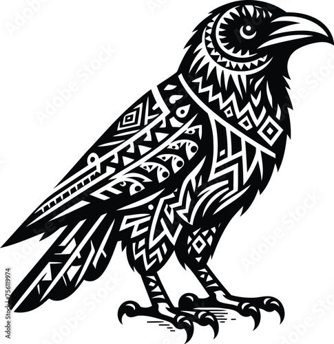 raven, crow, bird, animal silhouette in ethnic tribal tattoo,

