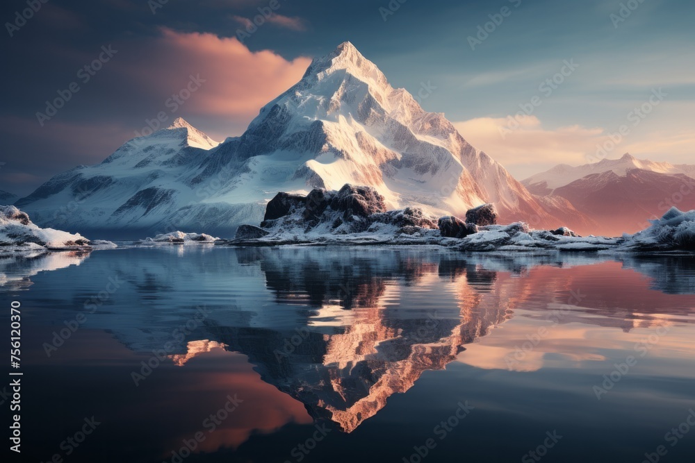 Snowy mountain reflects in lake, creating a stunning natural landscape