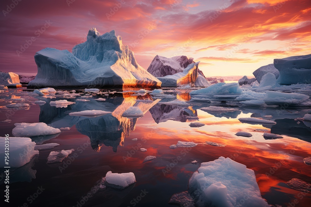 Icebergs on water at sunset, with mountains in the background