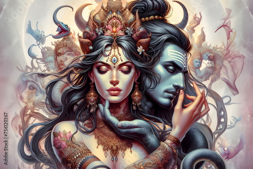 a woman with a head of a demon and a man with a snake, lord shiva photo