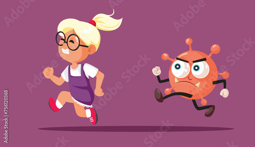 Little Girl Running Away from a Viral Disease Vector Cartoon Illustration. Unhappy fearful child chased by viral diseases trying to escape 
