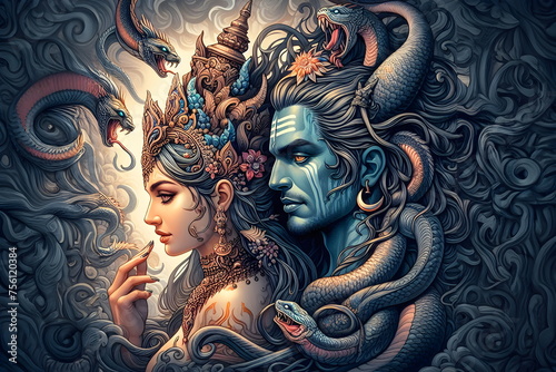 a woman with a head of a demon and a man with a snake, lord shiva