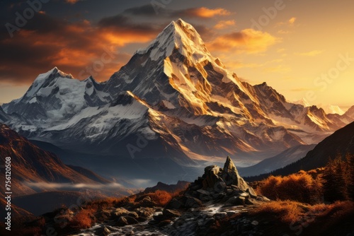A snowy mountain at sunset with a beautiful sky and clouds