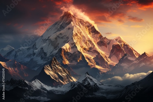 Snowcovered mountain with sunset backdrop in the sky