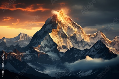 A snowy mountain under a sunset sky, a natural landscape masterpiece