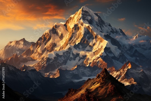 Snowcovered mountain against a sunset sky in a stunning natural landscape