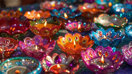 A variety of handcrafted diyas painted in vibrant hues and adorned with glittering sequins displayed on a table as decorative pieces for Diwali celebrations.