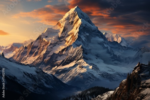 Snowy mountain kissed by the sunset, a picturesque backdrop of the natural world
