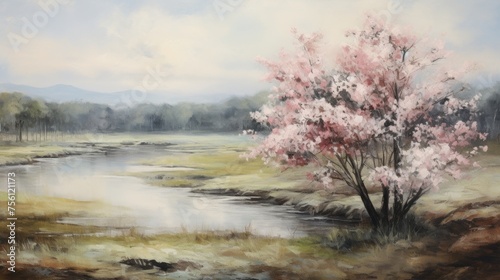 an oil painting of a spring landscape, in the style of the 19th century