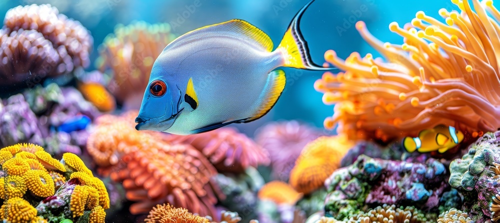 Obraz premium Vibrant moorish idol fish swimming among colorful corals in a saltwater aquarium environment