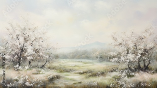 an oil painting of a spring landscape, in the style of the 19th century