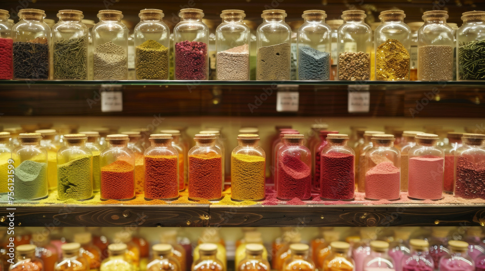 Rows of small labeled bottles filled with brightcolored powders line the shelves showcasing the vast knowledge of medicinal herbs passed down through generations.