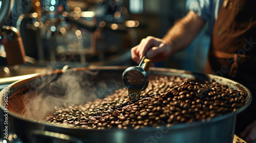 A artisanal coffee roastery with baristas carefully roasting and blending coffee beans photography, close up of an machine, people in a cafe, close up of beans, coffee beans in a hand, cooking meat on