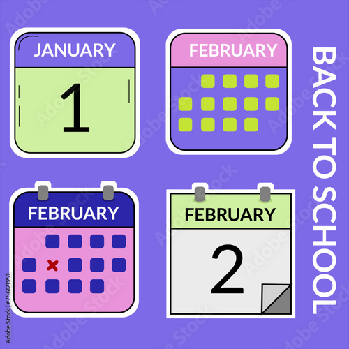 Collection of calendar Stickers simple and vector design style with colorful