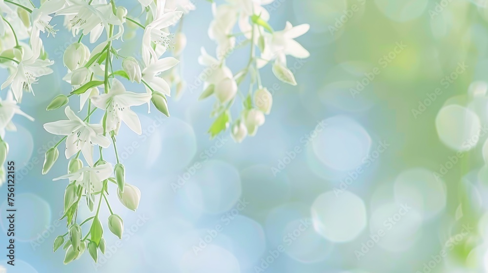 Abstract spring background  fresh grass and delicate flowers in a serene dance of light and shadow