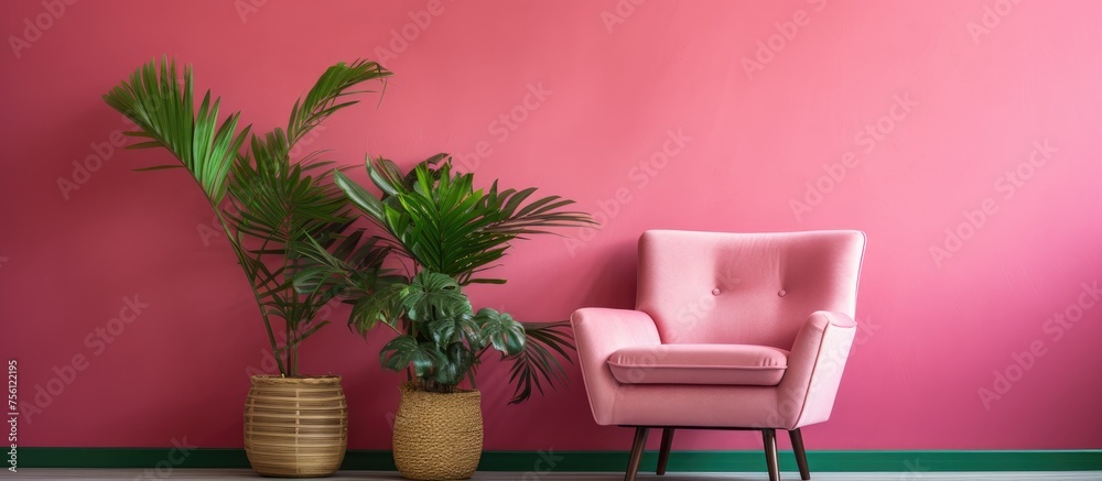 Fototapeta premium Interior design for living area with deep pink wall, armchair, plant, and tile floor with green and pink classic wall background.