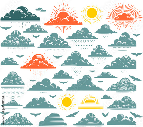 summer cloud illustration. Cheerful summer sun and clouds vector art, creating a warm and relaxing atmosphere, This design is perfect for creative projects, summer decorations or tropical themes.