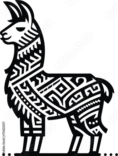 alpaca, llama, animal silhouette in ethnic tribal tattoo,