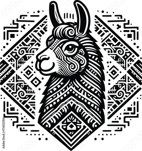 alpaca, llama, animal silhouette in ethnic tribal tattoo,
