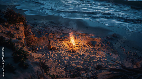 A intimate and cozy scene of friends gathered around a bonfire on a sandy beach photography, burning fire in the fireplace, fire in the fireplace, fire in the sea, tent on the beach, fire in the fores photo