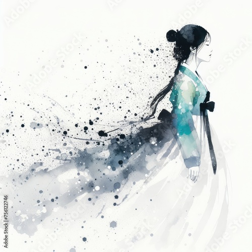 Korean woman in hanbok dress in splash ink painting with Generative AI. photo