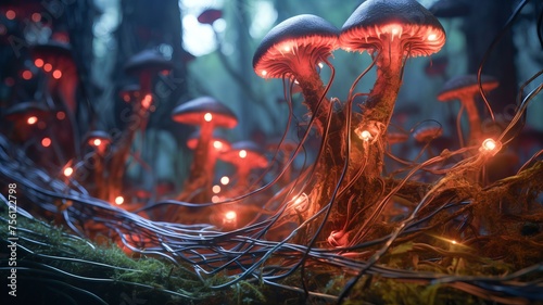 Microscopic fungi growing in a forest of tangled wires and cables