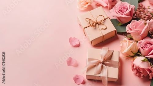 Top View of Valentine day banner design of a collection of Gift box and pink flowers on pink pastel background © GradPlanet