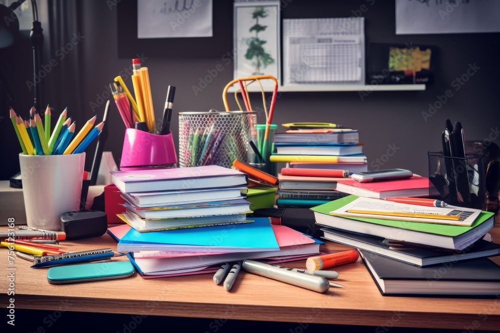 Piles of textbooks and highlighters on a desk in a cluttered dorm room as a student studies diligently Piles of textbooks and highlighters on a desk in a cluttered dorm room as a student studies diligently